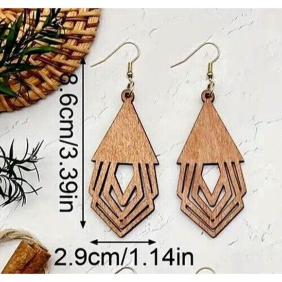 WOOD Cut Out Earrings Tribal Unique Artistic LIGHTWEIGHT Dangle Jewelry - Picture 3 of 4